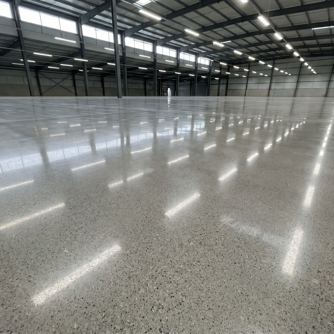 Mirror-polished concrete floor after New Era finishing in Houston